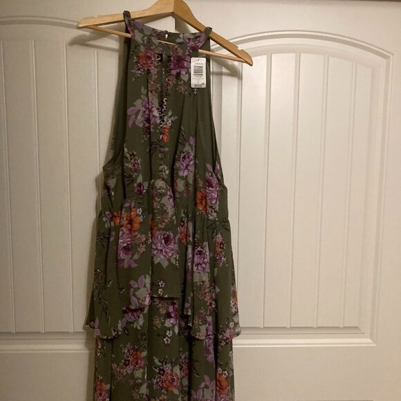 torrid Dresses & Skirts - Torrid Olive Green Floral Print Ruffle High Neck Dress  3 3X NWT Maxi Keyhole